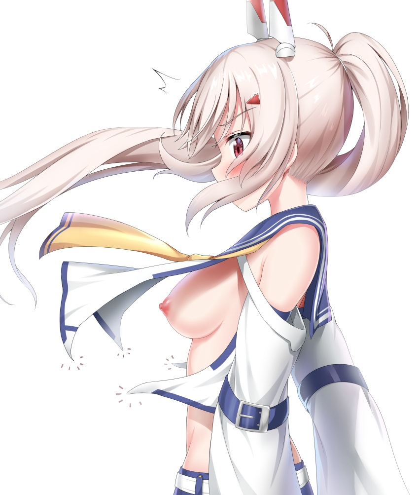 absurdres ayanami_(azur_lane) azur_lane blush breasts detached_sleeves highres leaf light_brown_hair long_sleeves neckerchief nedia_(nedia_region) nipples ponytail red_eyes sailor_collar sideboob simple_background solo uncensored white_background yellow_neckwear