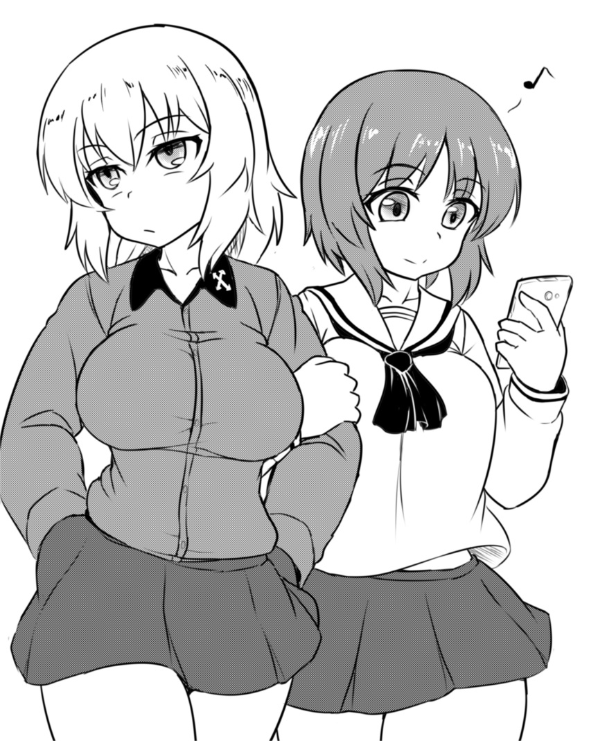 absurdres bangs blouse breasts cellphone closed_mouth couple cowboy_shot dress_shirt eighth_note eyebrows_visible_through_hair frown girls_und_panzer greyscale hands_in_pockets highres holding holding_cellphone holding_phone itsumi_erika kuromorimine_school_uniform large_breasts locked_arms long_hair long_sleeves looking_away miniskirt monochrome multiple_girls musical_note neckerchief nishizumi_miho ooarai_school_uniform phone pleated_skirt school_uniform serafuku shanaharuhi shirt short_hair skirt smartphone smile standing walking yuri