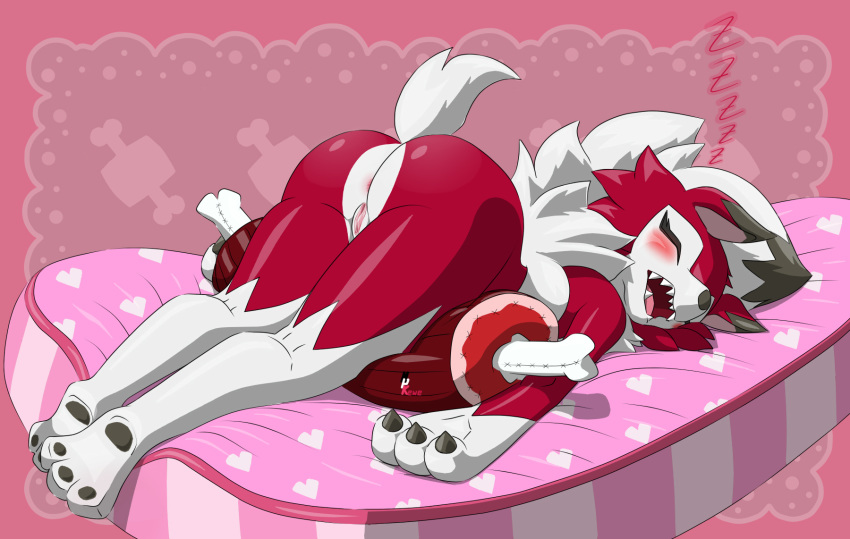 anthro anus ass_up bed blush butt canine eyes_closed fangs female fullfolka fur hi_res lycanroc lying mammal midnight_lycanroc multicolored_fur nintendo on_bed on_front open_mouth pok&eacute;mon pok&eacute;mon_(species) pussy red_fur sleeping solo sound_effects tongue video_games white_fur zzz