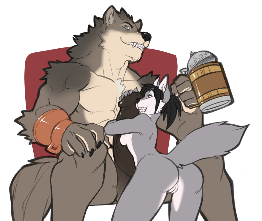 2016 5_fingers absurd_res anthro anthro_on_anthro balls big_dom_small_sub big_penis black_hair black_nose breasts canine countershading cup digital_media_(artwork) duo erection faint female fur grey_eyes grey_fur grin hair hi_res huge_penis hugjob humanoid_penis larger_male male male/female mammal muscular muscular_male nude penis penis_hug purple_eyes pussy short_hair simple_background sitting size_difference smaller_female smile vein wolf