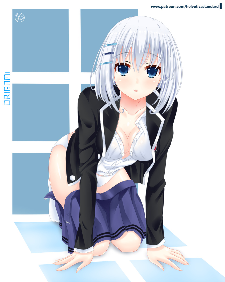 arm_support ass black_jacket blazer blue_eyes blue_skirt breasts character_name collarbone date_a_live full_body hair_between_eyes hair_ornament hairclip hands_on_ground helvetica_5tandard highres jacket kneeling leaning_forward looking_at_viewer medium_breasts medium_hair no_bra open_blazer open_clothes open_jacket open_mouth panties partially_unbuttoned shirt signature silver_hair skirt skirt_pull solo tobiichi_origami underwear undressing white_panties white_shirt