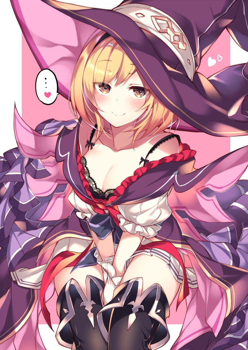 1girl arms_between_legs black_bra black_legwear blonde_hair blush bra breasts cleavage closed_mouth collarbone commentary_request djeeta_(granblue_fantasy) eyebrows_visible_through_hair gloves granblue_fantasy hat heart highres homaderi looking_at_viewer medium_breasts pink_background smile solo spoken_ellipsis spoken_heart thighhighs underwear warlock_(granblue_fantasy) white_gloves witch_hat yellow_eyes