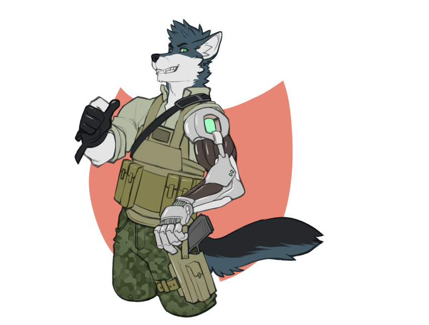 2016 5_fingers absurd_res anthro black_fur black_nose camo canine chest_rig clothed clothing cybernetics digital_media_(artwork) faint fur gloves green_eyes grey_fur hi_res holster looking_at_viewer machine male mammal multicolored_fur prosthetic_arm sheathed_weapon simple_background smile solo standing white_fur wolf