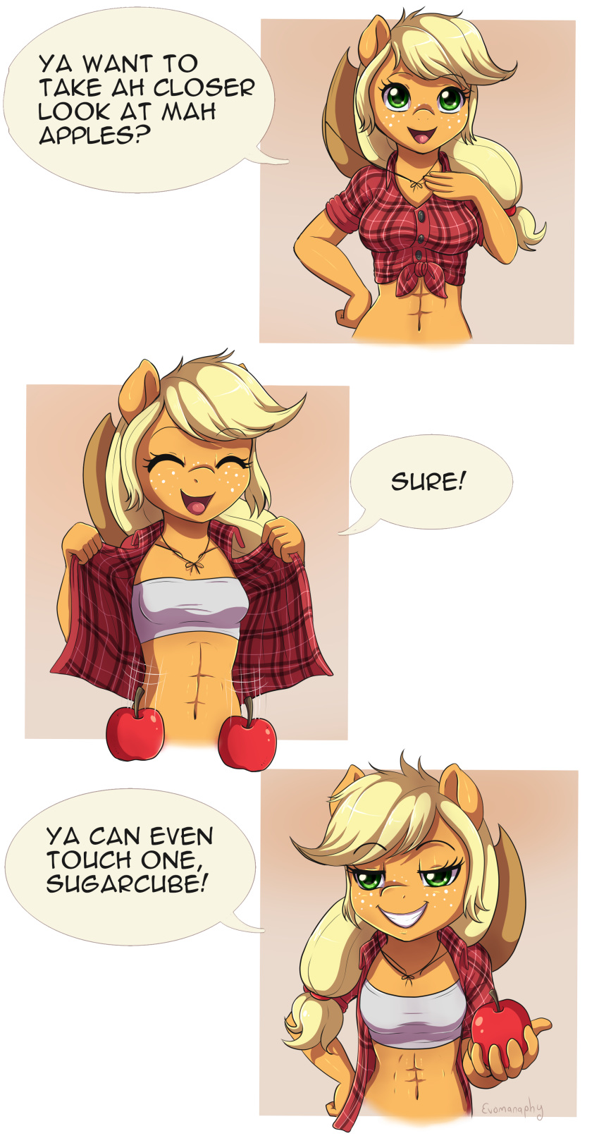2018 abs absurd_res anthro anthrofied apple applejack_(mlp) bandeau blonde_hair bra breasts clothed clothing cowboy_hat dialogue digital_media_(artwork) earth_pony english_text equine evomanaphy eyelashes eyes_closed female food freckles friendship_is_magic fruit green_eyes hair hat hi_res holding_food holding_object horse long_hair looking_at_viewer mammal midriff my_little_pony navel open_mouth open_smile pony small_breasts smile solo text underwear undressing