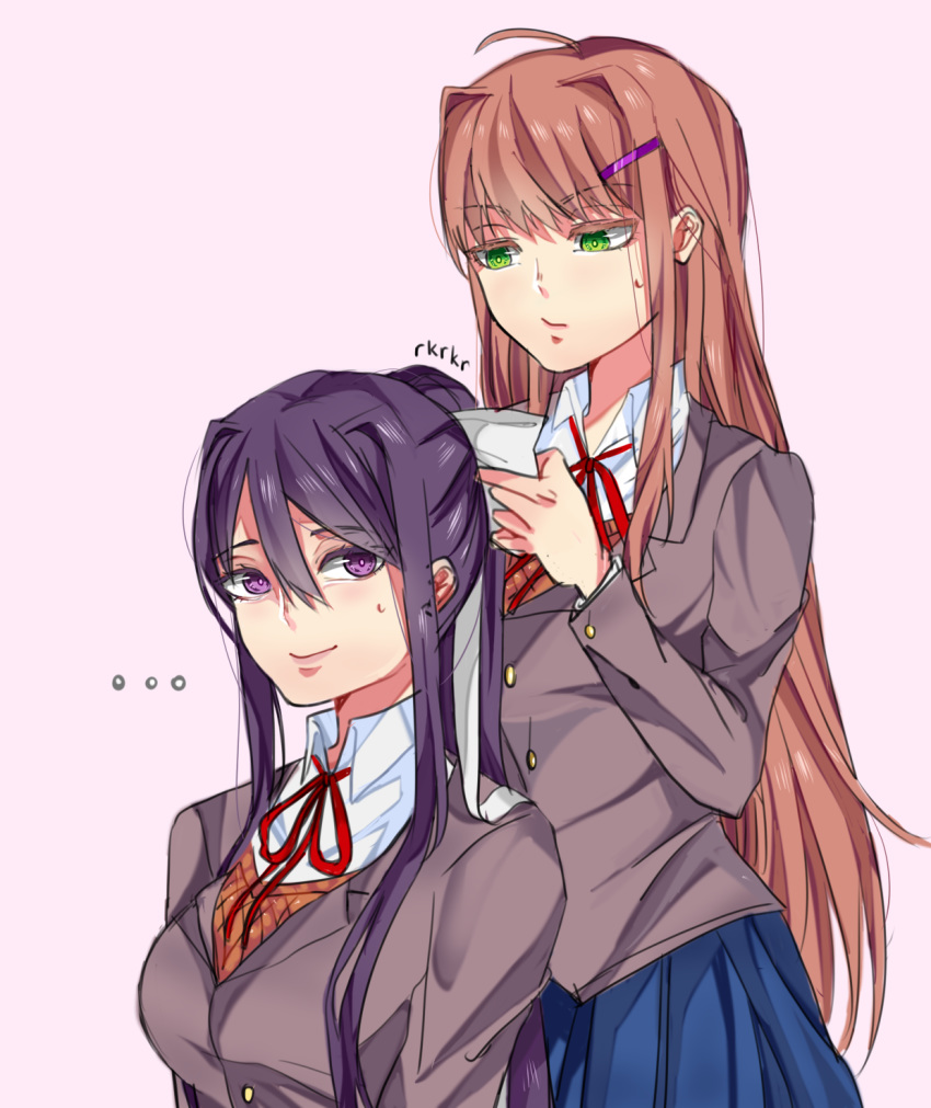 2girls alternate_hairstyle blue_skirt brown_hair commentary doki_doki_literature_club english_commentary eyebrows_visible_through_hair eyes_visible_through_hair green_eyes hair_between_eyes hair_down hair_ornament hair_ribbon hairclip hairstyle_switch highres long_hair looking_at_another looking_at_viewer monika_(doki_doki_literature_club) multiple_girls pink_background pleated_skirt ponytail purple_eyes purple_hair ribbon rrkkrkrr school_uniform sidelocks simple_background skirt smile sweatdrop very_long_hair white_ribbon yuri_(doki_doki_literature_club)