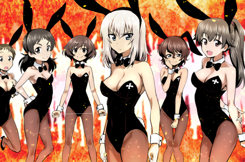 akaboshi_koume akiyama_yukari animal_ears arm_behind_back arm_grab bangs black_footwear black_legwear black_leotard black_neckwear blue_eyes bow bowtie breasts brown_eyes brown_hair bunny_ears bunny_girl bunny_tail bunnysuit cleavage closed_mouth collar crazy_eyes crowd detached_collar dilated_pupils emblem empty_eyes extra eyebrows_visible_through_hair fake_animal_ears frown garrote girls_und_panzer hand_on_own_ass hand_on_own_chest hand_on_own_face high_heels itsumi_erika leotard long_hair looking_at_another looking_at_viewer medium_breasts messy_hair multiple_girls nakahira_guy odd_one_out open_mouth pantyhose piano_wire ponytail ritaiko_(girls_und_panzer) short_hair short_twintails silver_hair small_breasts smile standing standing_on_one_leg strapless strapless_leotard tail thigh_gap twintails v-shaped_eyebrows very_short_hair wavy_hair wrist_cuffs