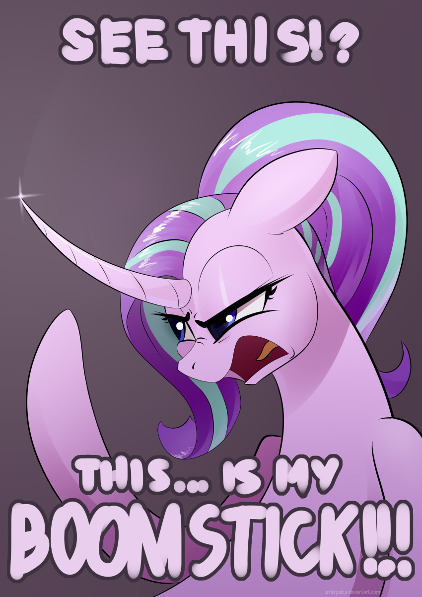 2018 army_of_darkness blue_eyes digital_media_(artwork) english_text equine female friendship_is_magic hair horn mammal my_little_pony starlight_glimmer_(mlp) text tongue underpable unicorn