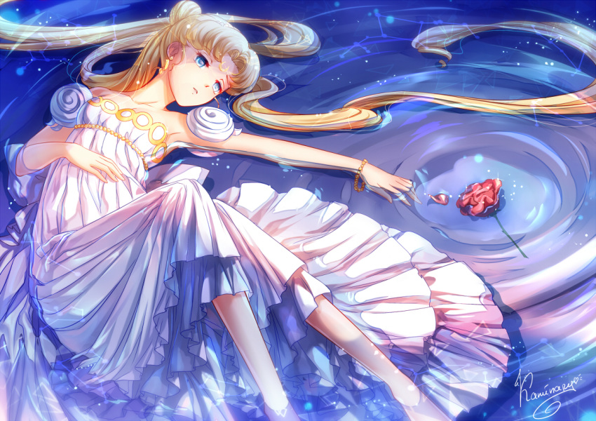 back_bow bangs bare_shoulders barefoot bishoujo_senshi_sailor_moon blonde_hair blue_background blue_eyes bow bracelet crescent dress earrings facial_mark flower forehead_mark full_body hair_bun jewelry kaminary long_hair lying on_back parted_bangs princess_serenity red_flower red_rose rose signature solo strapless strapless_dress tsukino_usagi twintails water white_bow white_dress