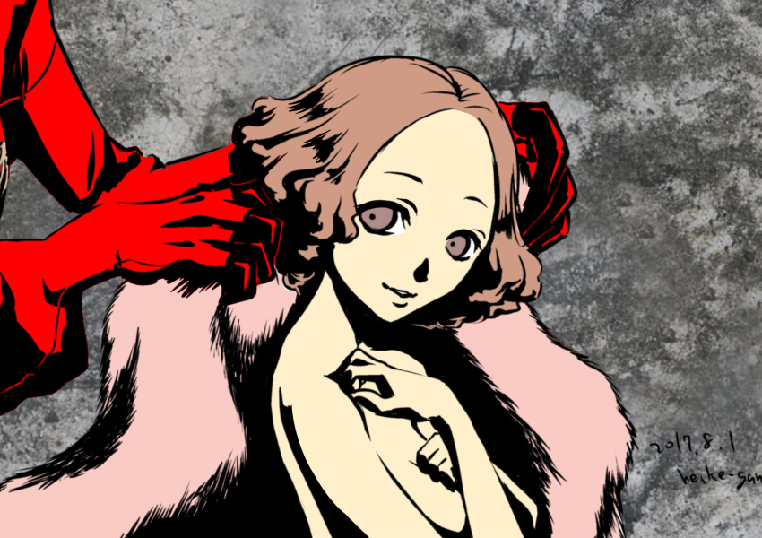 2017 absurdres arsene_(persona_5) breasts brown_eyes brown_hair dated from_side grey_background head_tilt heike_gani highres nude okumura_haru parted_lips persona persona_5 shadow short_hair sideboob signature small_breasts upper_body
