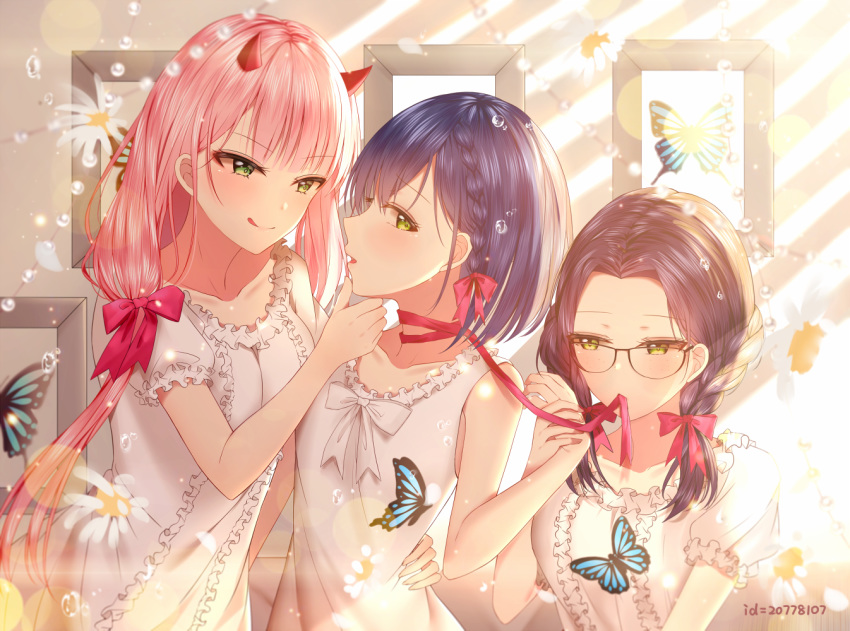 :q bangs blue_hair blush bow braid breasts brown_hair bug butterfly chin_grab closed_mouth collarbone commentary_request darling_in_the_franxx dress eyebrows_visible_through_hair flower framed_image freckles green_eyes hair_bow horns ichigo_(darling_in_the_franxx) ikuno_(darling_in_the_franxx) insect junpaku_karen licking_lips long_hair medium_breasts mouth_hold multiple_girls parted_bangs parted_lips pink_hair puffy_short_sleeves puffy_sleeves red_bow red_ribbon ribbon ribbon_in_mouth short_sleeves sleeveless sleeveless_dress smile tongue tongue_out twin_braids v-shaped_eyebrows very_long_hair white_bow white_dress white_flower yuri zero_two_(darling_in_the_franxx)