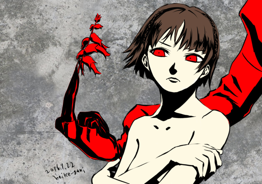2016 absurdres arsene_(persona_5) breasts brown_hair collarbone covering covering_one_breast dated grey_background heike_gani highres looking_away niijima_makoto nude persona persona_5 red_eyes shadow short_hair signature small_breasts upper_body
