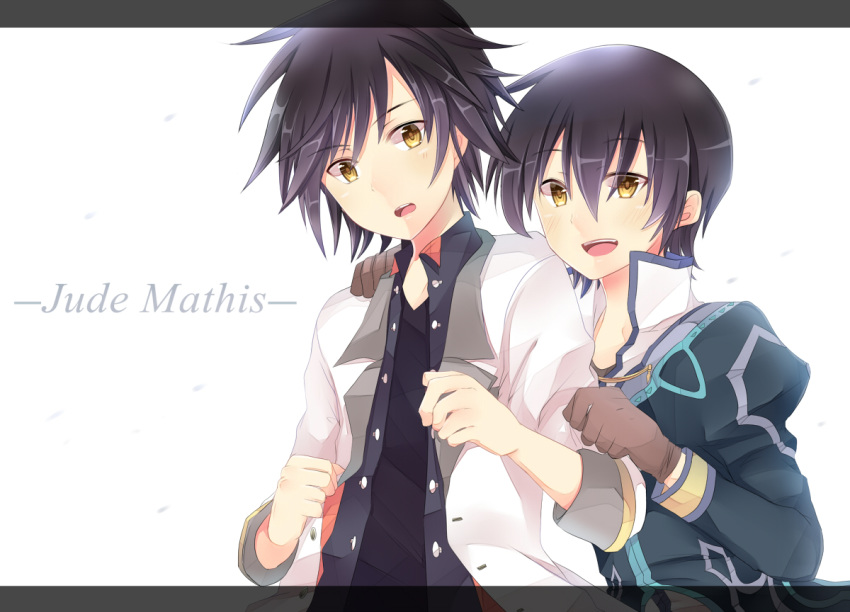 black_hair black_shirt brown_eyes brown_gloves character_name dual_persona gloves green_jacket jacket jude_mathis long_sleeves male_focus multiple_boys open_mouth puffy_sleeves rento_(rukeai) shirt simple_background sleeves_rolled_up smile spiked_hair tales_of_(series) tales_of_xillia tales_of_xillia_2 white_background white_jacket