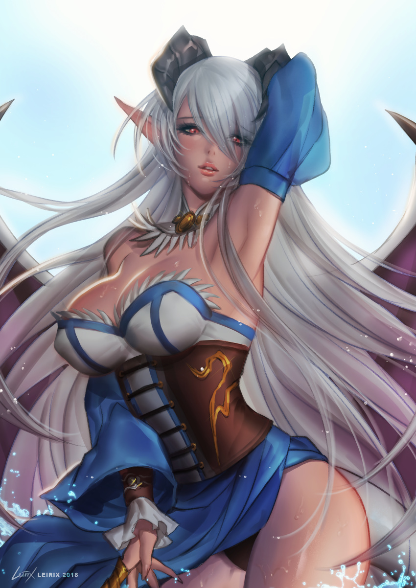 2018 absurdres arm_up armpits artist_name black_panties blush breasts commentary commission corset demon_girl demon_horns demon_wings detached_collar detached_sleeves english_commentary eyes_visible_through_hair hair_over_one_eye highres horns ilassa_(elh) large_breasts leirix lilim_(monster_girl_encyclopedia) long_hair looking_at_viewer monster_girl_encyclopedia original panties parted_lips pointy_ears red_eyes silver_hair solo underwear very_long_hair water water_drop wings