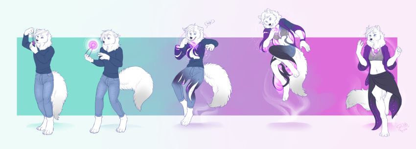 2016 amber-aria anthro arctic_fox barefoot blue_eyes blush breasts canine clothed clothing female floating fox gender_transformation hair jeans jewelry magic male mammal mtf_transformation navel necklace open_mouth pants sequence shirt smile solo standing surprise transformation white_hair