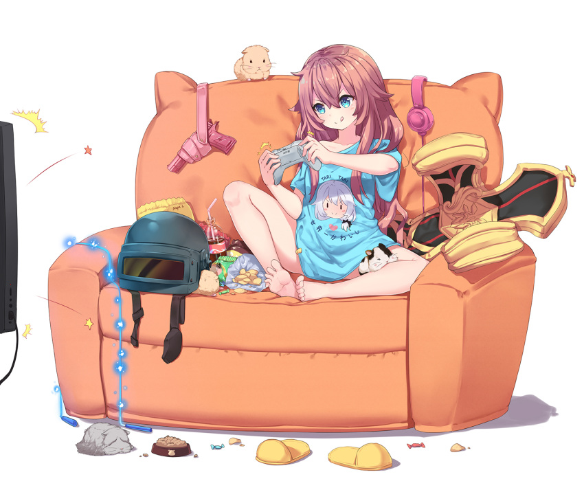 &gt;:) 1girl :q animal barefoot benghuai_xueyuan blue_eyes blue_shirt brown_hair character_print chips closed_mouth clothes_writing cola controller copyright_request couch drinking_straw food game_controller gun hair_between_eyes hamster handgun headphones headphones_removed helmet highres holding holster indian_style jump_rope long_hair monitor naked_shirt neps-l no_pants pistol playerunknown's_battlegrounds playing_games potato_chips print_shirt shirt short_sleeves sidelocks simple_background sitting slippers slippers_removed smile soles solo star t-shirt tongue tongue_out weapon welding_mask white_background yellow_footwear