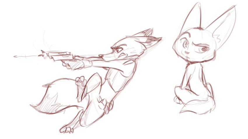 2018 anthro barefoot belt bulletproof_vest canine clothed clothing dipstick_ears dipstick_tail disney dual_wielding duo fennec finnick fox gun handgun holding_object holding_weapon ittybittykittytittys looking_back male mammal monochrome multicolored_tail multiple_images nick_wilde nude pistol police_uniform ranged_weapon red_and_white simple_background sitting uniform utility_belt weapon white_background zootopia