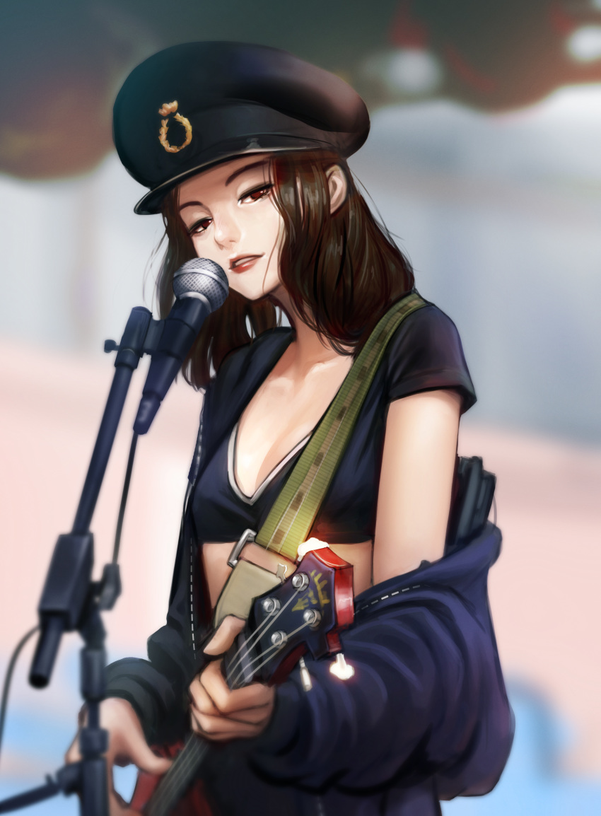 absurdres bass_guitar black_bra black_hat blurry blurry_background bra breasts brown_hair commentary_request copyright_request depth_of_field hat highres holding holding_instrument hood hoodie instrument jungon_kim lipstick long_sleeves looking_at_viewer makeup microphone music off_shoulder parted_lips peaked_cap playing_instrument red_eyes red_lipstick singing small_breasts smile solo standing underwear
