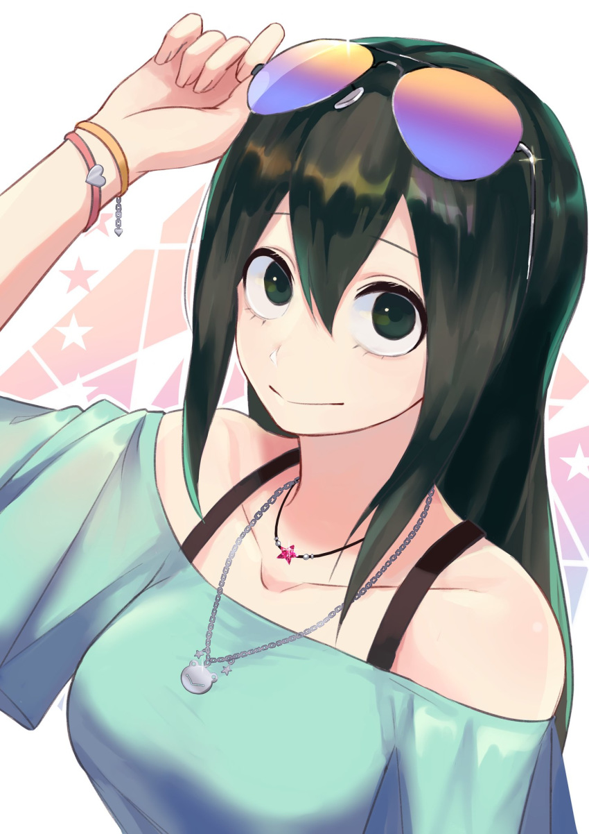 :&gt; animal_print asui_tsuyu black_eyes boku_no_hero_academia bra_strap bracelet breasts chain closed_mouth eyewear_on_head frog_print green_eyes hair_between_eyes highres jewelry liyuchen1126 long_hair looking_at_viewer medium_breasts necklace off_shoulder shirt simple_background smile solo star star_necklace sunglasses umbrella upper_body