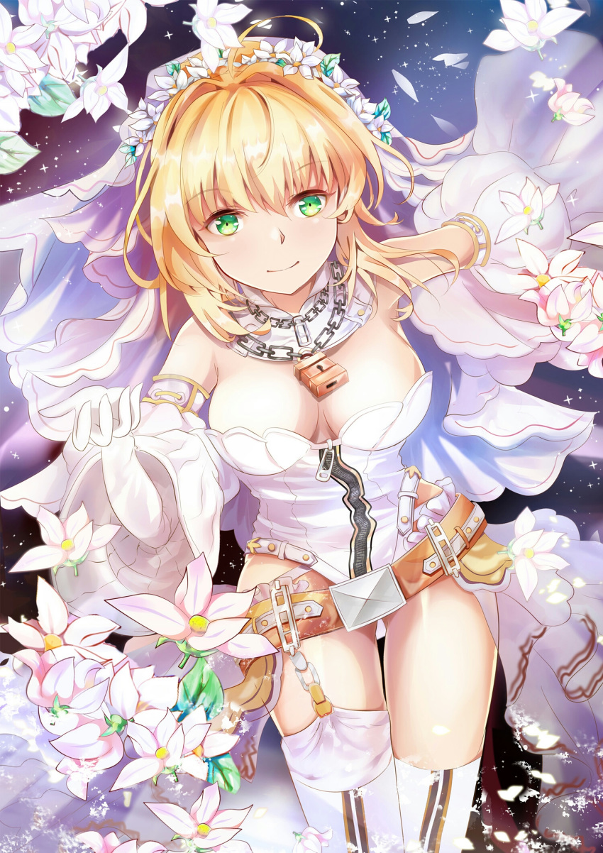 ahoge bare_shoulders belt blonde_hair breasts brown_belt chain cleavage commentary_request detached_sleeves fate/extra fate/extra_ccc fate_(series) flower full-length_zipper gloves green_eyes hair_flower hair_intakes hair_ornament hand_up highres juliet_sleeves leotard lock long_sleeves medium_breasts mutang nero_claudius_(bride)_(fate) nero_claudius_(fate)_(all) padlock puffy_sleeves solo sparkle strapless strapless_leotard thighhighs white_flower white_gloves white_legwear white_leotard white_sleeves wide_sleeves zipper zipper_pull_tab
