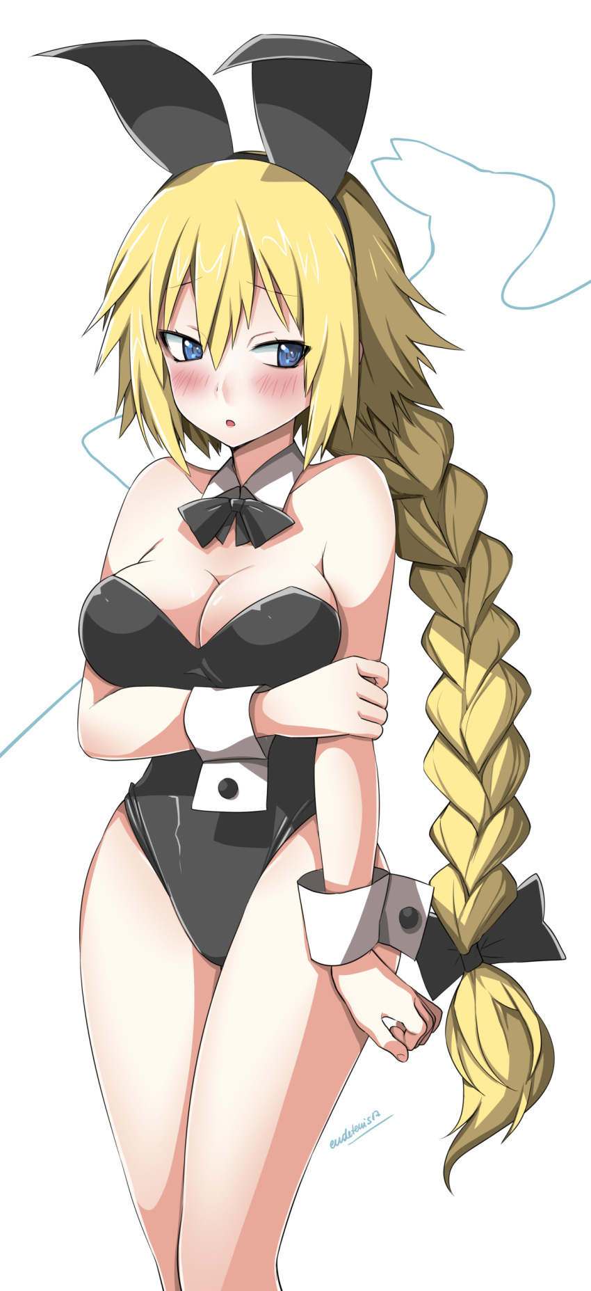 absurdres animal_ears arm_under_breasts artist_name bare_shoulders black_bow black_hairband black_leotard blonde_hair blue_eyes blush bow bowtie braid breast_hold breasts bunnysuit cleavage commission detached_collar eudetenis eyebrows_visible_through_hair fake_animal_ears fate/apocrypha fate_(series) hair_between_eyes hair_bow hairband highleg highleg_leotard highres jeanne_d'arc_(fate) jeanne_d'arc_(fate)_(all) large_breasts leotard long_braid long_hair looking_away looking_to_the_side open_mouth simple_background single_braid solo strapless strapless_leotard very_long_hair white_background wrist_cuffs