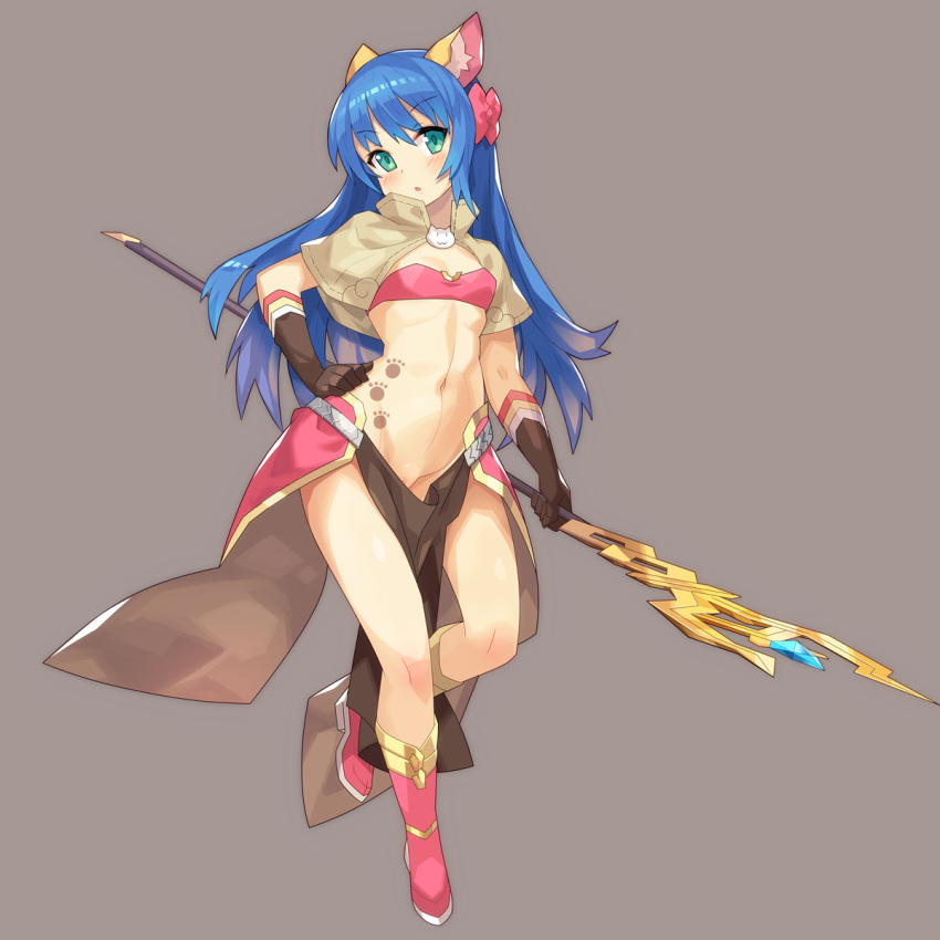 :o animal_ears bangs blue_hair blush boots bow breasts brown_background brown_gloves character_request commentary_request elbow_gloves eyebrows_visible_through_hair gloves green_eyes groin hair_between_eyes hair_bow hand_on_hip head_tilt highres holding holding_staff knee_boots long_hair looking_at_viewer mage_(ragnarok_online) navel parted_lips pink_bow pink_footwear pussy_peek ragnarok_online revealing_clothes simple_background small_breasts solo staff standing standing_on_one_leg tsuderou very_long_hair