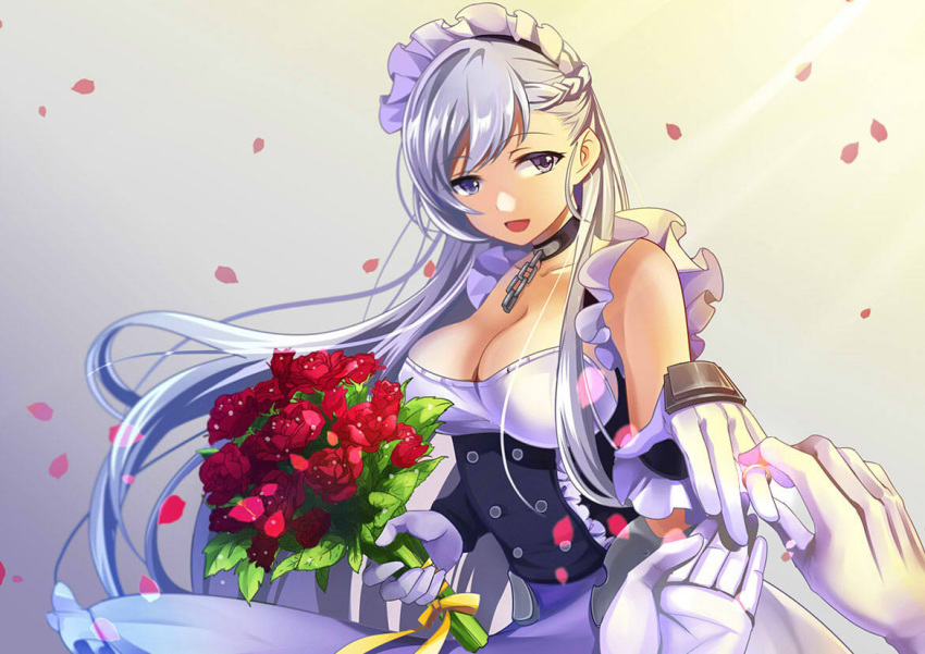 azur_lane belfast_(azur_lane) bouquet braid breasts chain cleavage collar commentary corset flower french_braid gloves jewelry large_breasts long_hair maid_headdress muu_rin out_of_frame petals pov pov_hands purple_eyes red_flower red_rose ring rose silver_hair solo_focus very_long_hair wedding_band white_gloves