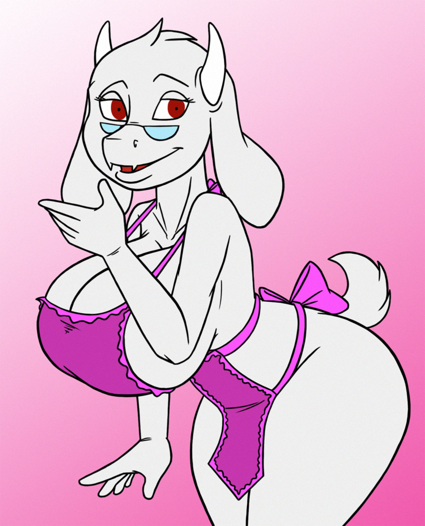 2017 anthro apron big_breasts boss_monster breasts caprine cleavage clothed clothing creatiffy eyelashes eyewear female fur glasses goat hi_res horn mammal mature_female open_mouth red_eyes solo toriel undertale video_games white_fur