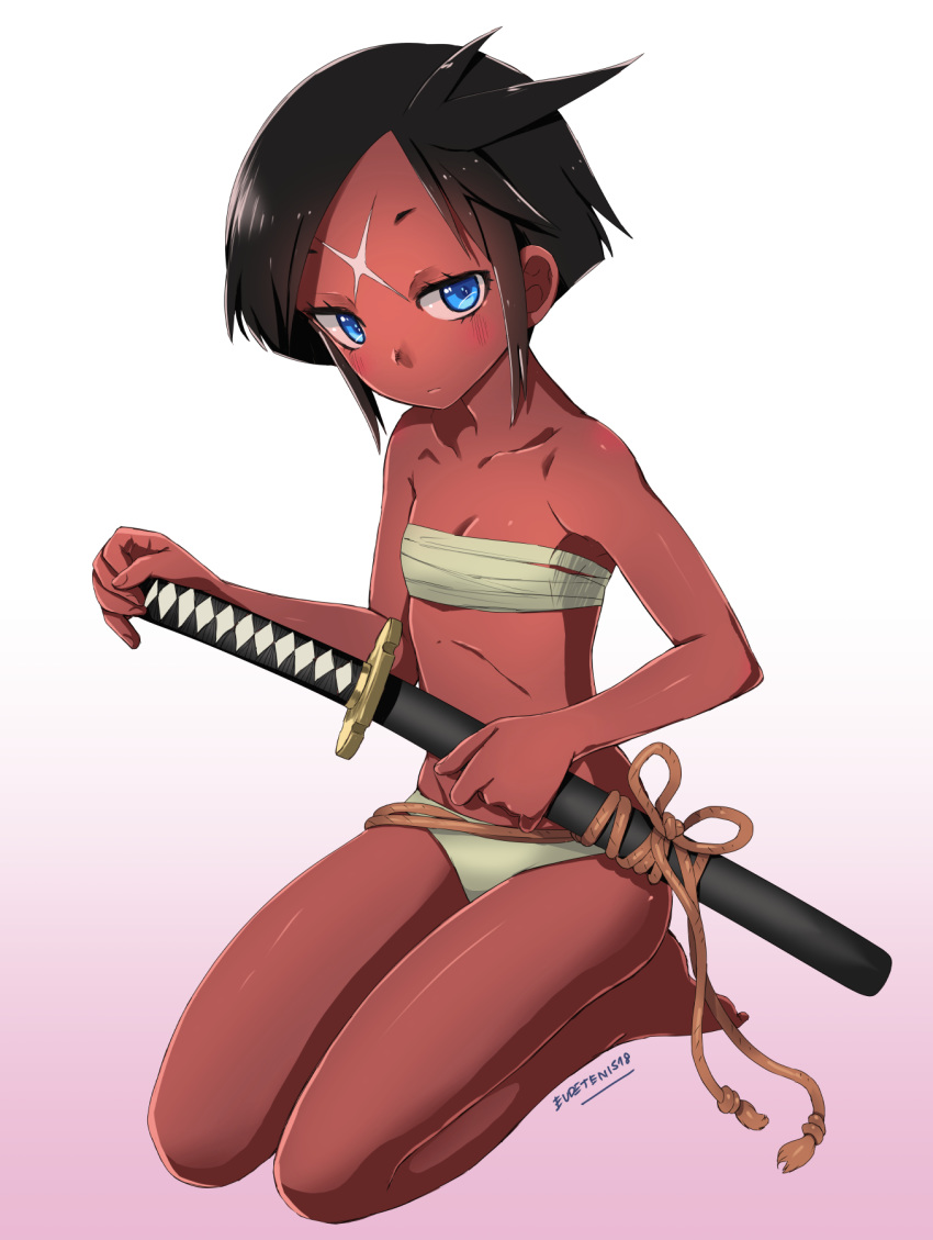 artist_name barefoot black_hair blue_eyes blush breasts collarbone commission eudetenis facial_mark facial_scar forehead_mark forehead_scar full_body gradient gradient_background highres holding holding_sword holding_weapon looking_at_viewer navel original panties red_skin sarashi scar seiza sheath sheathed short_hair sitting small_breasts solo sword underwear underwear_only weapon white_panties