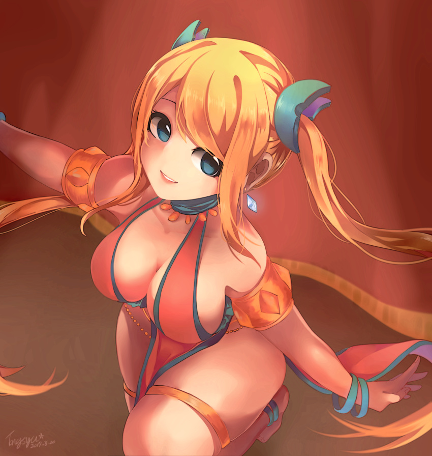 1girl anklet armband barefoot bikini blonde_hair blue_eyes blush bracelet breasts cleavage dancing earrings fairy_tail feet floral_print highres jewelry large_breasts legs looking_at_viewer lucy_heartfilia ring salute sideboob sidelocks smile soles swimsuit toes twintails