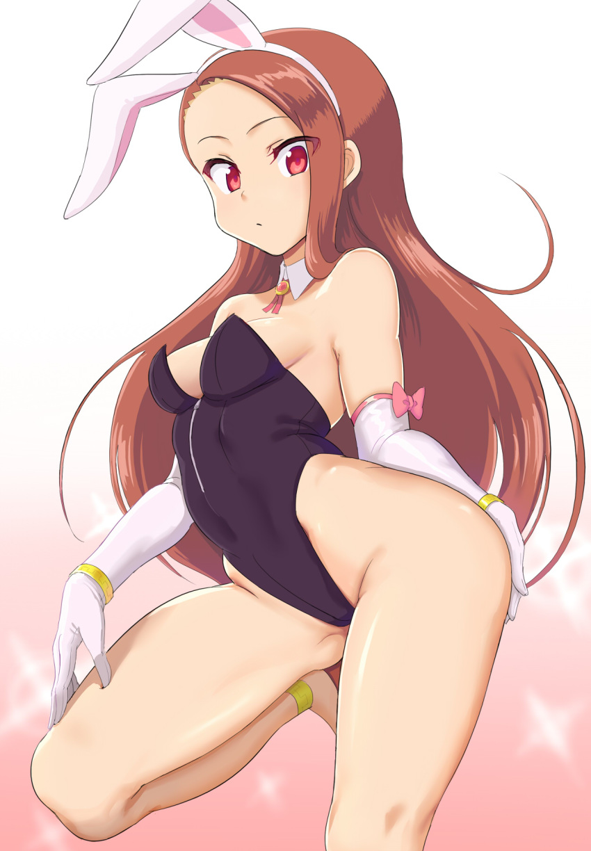 animal_ears black_leotard breasts brown_hair bunny_ears bunny_girl bunny_tail bunnysuit commentary_request detached_collar elbow_gloves gloves gradient gradient_background highleg highleg_leotard highres idolmaster idolmaster_(classic) idolmaster_2 leotard long_hair looking_at_viewer minase_iori nagasode_(48789563) pink_background red_eyes small_breasts solo sparkle standing standing_on_one_leg strapless strapless_leotard tail white_background white_gloves