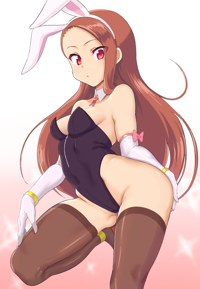 animal_ears black_leotard breasts brown_hair brown_legwear bunny_ears bunny_girl bunny_tail bunnysuit detached_collar gloves gradient gradient_background highleg highleg_leotard highres idolmaster idolmaster_(classic) idolmaster_2 leotard long_hair looking_at_viewer minase_iori nagasode_(48789563) pink_background red_eyes small_breasts solo sparkle standing standing_on_one_leg strapless strapless_leotard tail thighhighs white_background white_gloves