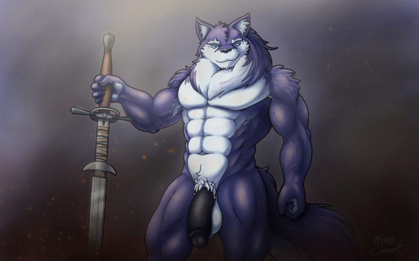 16:10 2018 abs anthro balls biceps big_balls big_penis biped canine corrsk digital_media_(artwork) fur greatsword hi_res holding_object holding_weapon looking_at_viewer male mammal mane melee_weapon muscular muscular_male nude pecs penis pubes purple_fur simple_background smile solo standing sword wallpaper weapon white_fur wolf