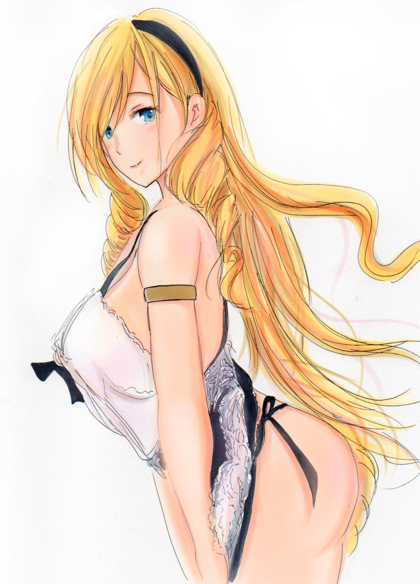 apron armband blonde_hair blue_eyes breasts celia_kumani_entory commentary_request drill_hair frilled_apron frills from_side hairband highres large_breasts long_hair looking_at_viewer looking_to_the_side maid maid_apron marker_(medium) naked_apron potekite sideboob smile solo traditional_media very_long_hair walkure_romanze