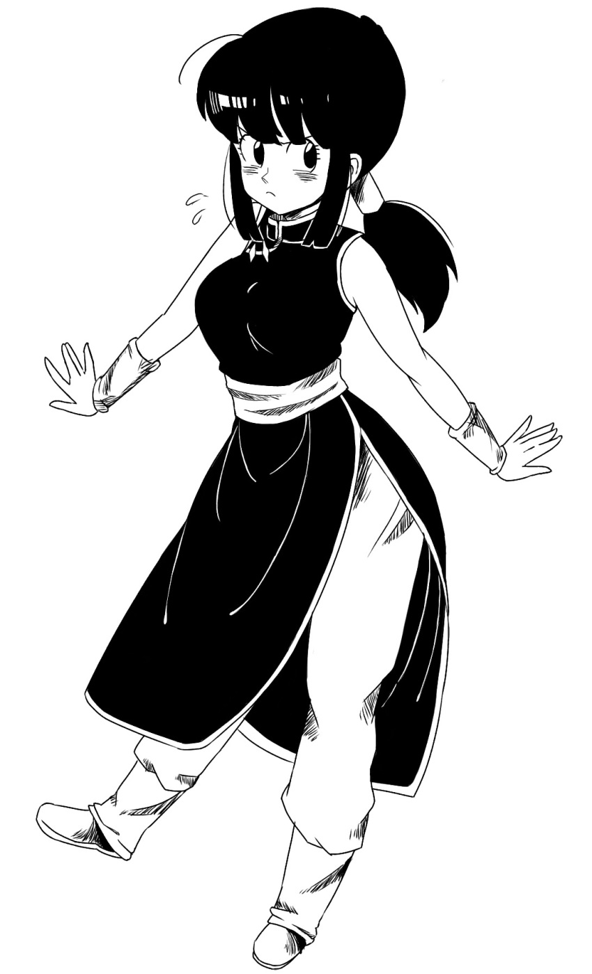 annoyed bangs black_eyes black_hair chi-chi_(dragon_ball) chinese_clothes dragon_ball dragon_ball_(classic) eyelashes frown full_body greyscale highres looking_away maa_(roninnn) monochrome ponytail simple_background sleeveless solo standing standing_on_one_leg sweatdrop white_background wristband