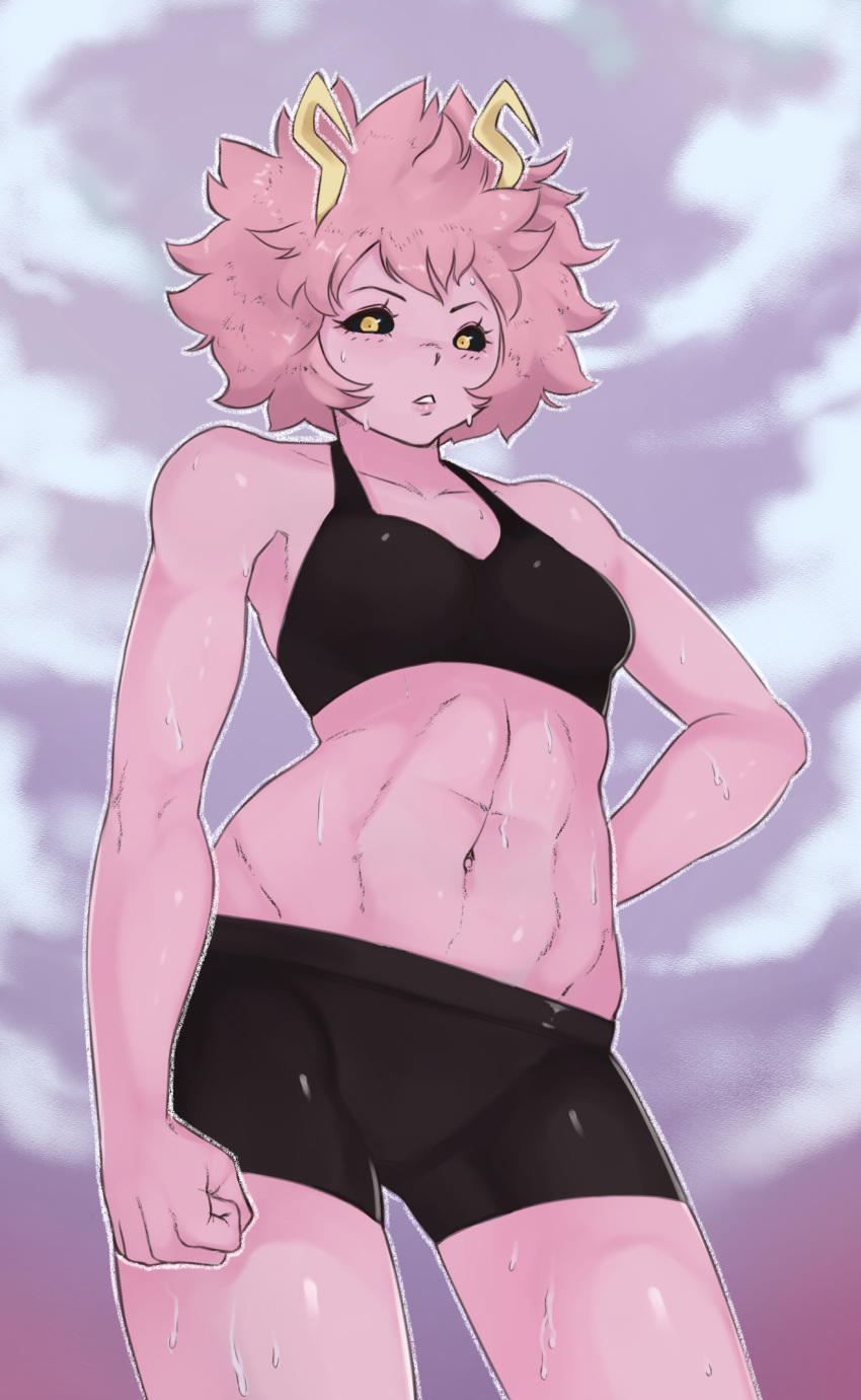 abs arm_at_side ashido_mina bare_arms bare_shoulders black_sclera boku_no_hero_academia clenched_hand collarbone cowboy_shot hand_on_hip highres horns looking_at_viewer medium_hair navel parted_lips pink_hair pink_skin short_shorts shorts solo splayter sports_bra standing stomach sweat toned toon yellow_eyes