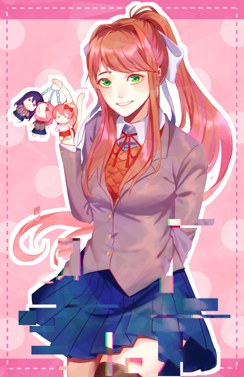 alilz blue_skirt border brown_hair character_doll commentary doki_doki_literature_club english_commentary glitch green_eyes hair_ribbon highres index_finger_raised keychain long_hair looking_at_viewer monika_(doki_doki_literature_club) natsuki_(doki_doki_literature_club) outline parted_lips pink_background pleated_skirt ponytail ribbon sayori_(doki_doki_literature_club) school_uniform skirt smile solo thighhighs very_long_hair white_outline white_ribbon yuri_(doki_doki_literature_club) zettai_ryouiki