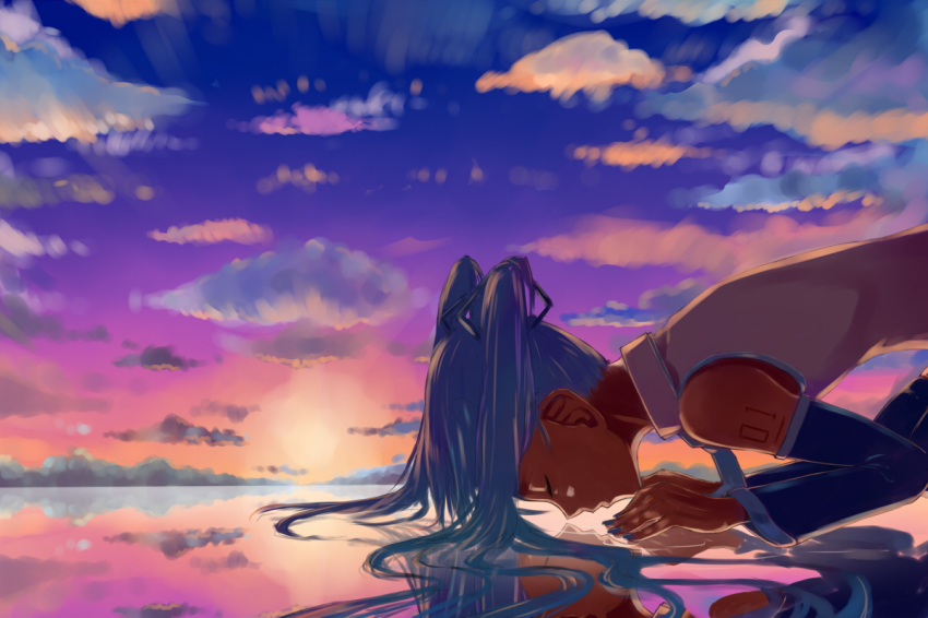 blue_hair blue_nails closed_eyes cloud cloudy_sky day detached_sleeves fingernails hatsune_miku jaco kiss kneeling long_hair lying nail_polish necktie outdoors reflection shirt sky sleeveless solo sunset twintails very_long_hair vocaloid white_shirt