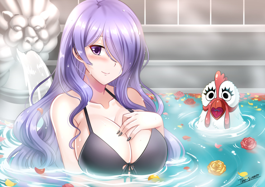 bikini bird blush breasts camilla_(fire_emblem_if) camilla_(muppets) chicken commentary fire_emblem fire_emblem_if hair_over_one_eye large_breasts long_hair muppets namesake purple_eyes purple_hair rooster smile solo swimsuit the-sinner very_long_hair water wavy_hair