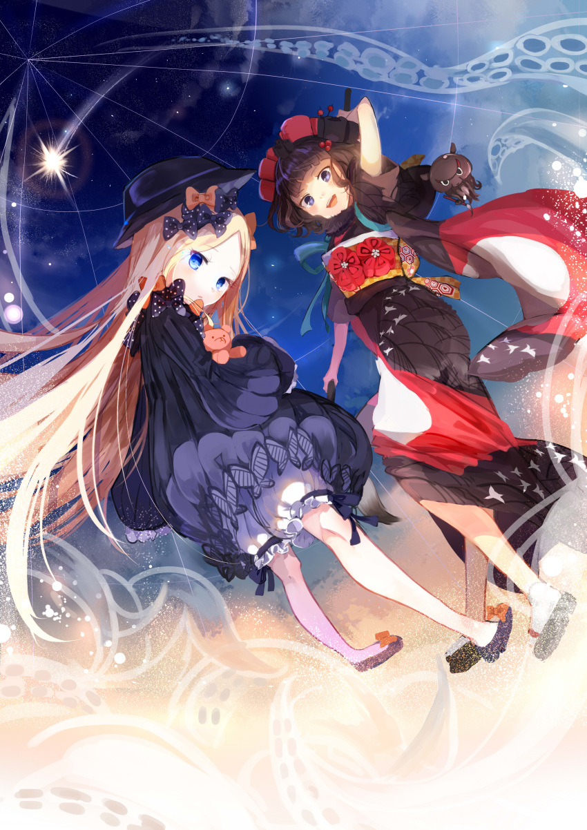 :d abigail_williams_(fate/grand_order) absurdres arm_up bangs black_bow black_dress black_footwear black_hat black_kimono blonde_hair bloomers blue_eyes blush bow bug butterfly calligraphy_brush commentary_request demon_girl dress dutch_angle eyebrows_visible_through_hair falling_star fate/grand_order fate_(series) forehead hair_bow hair_ornament hat head_tilt highres holding holding_paintbrush insect japanese_clothes katsushika_hokusai_(fate/grand_order) kimono long_hair long_sleeves looking_at_viewer looking_to_the_side multiple_girls night night_sky obi object_hug octopus open_mouth orange_bow oversized_object paintbrush parted_bangs parted_lips pekerika polka_dot polka_dot_bow sash shoes short_hair short_sleeves sky sleeves_past_fingers sleeves_past_wrists smile star_(sky) starry_sky stuffed_animal stuffed_toy teddy_bear tentacles tokitarou_(fate/grand_order) underwear upper_teeth very_long_hair white_bloomers