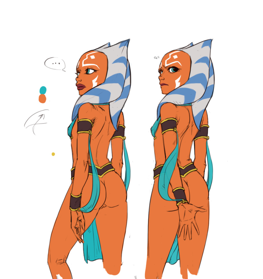 ... 5_fingers ahsoka_tano alien annoyed blue_eyes bottomless butt clone_wars clothed clothing covering covering_self facial_markings female head_tails humanoid humanoid_hands loincloth looking_away looking_back markings nipple_bulge not_furry orange_skin portrait pussy rear_view simple_background skimpy solo speech_bubble standing star_wars three-quarter_portrait togruta tourbillon white_background