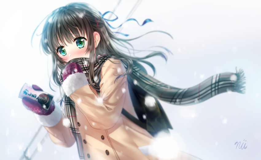 ainili black_hair green_eyes long_hair original ribbons scarf snow