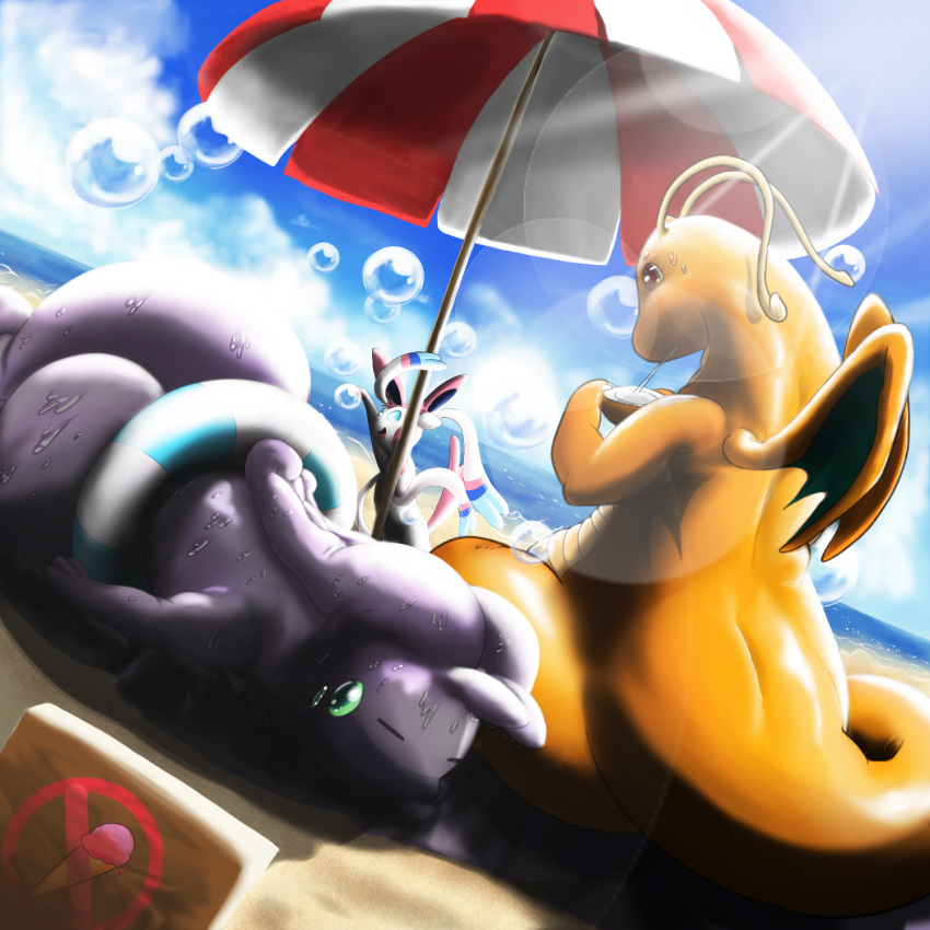 ambiguous_gender beach blue_eyes bubble claws cloud day dessert dragonite dutch_angle eating eeveelution eyes_closed feral food goodra group hi_res hurikata ice_cream inflatable lens_flare low-angle_view lying membranous_wings nintendo on_front orange_skin outside parasol pok&eacute;mon pok&eacute;mon_(species) pool_toy seaside sitting sky sun sunlight sweat swim_ring sylveon video_games wings
