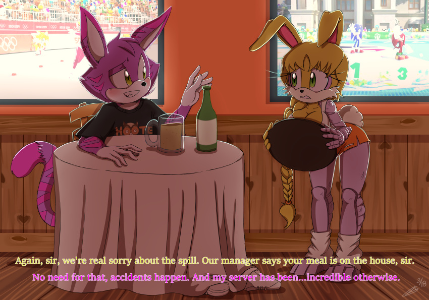 absurd_res alcohol bat beer bessi_the_bat beverage big_breasts bluechika blush breasts bunnie_rabbot canine cat chair cheshire_thaddeus_felonious cleavage clothed clothing echidna english_text feline female fox hedgehog hi_res hooters knuckles_the_echidna lagomorph leg_warmers legwear male male/female mammal miles_prower monotreme olympics rabbit sex sneakers sochi_2014 sonic_(series) sonic_the_hedgehog stealth_sex table text wide_hips