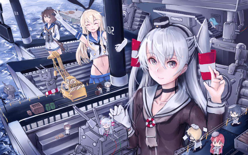 &gt;_&lt; :d amatsukaze_(kantai_collection) arm_up armpits bangs bare_shoulders binoculars black_choker black_hair black_neckwear blonde_hair blue_hair blue_skirt blush_stickers bob_cut bollard brown_eyes brown_hair can cartridge chibi choker closed_eyes collarbone crane crop_top dress dual_persona elbow_gloves eyebrows_visible_through_hair facing_viewer fairy_(kantai_collection) flag gloves grey_hair grey_hat grey_neckwear hair_between_eyes hair_tubes hairband hat highleg highleg_panties highres holding holding_flag innertube kantai_collection legs_apart lifebuoy long_hair long_sleeves looking_at_viewer looking_to_the_side lowleg_skirt machinery mini_hat mini_top_hat minigirl multiple_girls navel neckerchief ngs_(hkfg4334) ocean open_mouth panties panty_straps pier pleated_skirt railing red_hair red_legwear rensouhou-chan rensouhou-kun rigging rope running sailor_dress salute shimakaze_(kantai_collection) short_hair silver_hair single_glove skirt sleeveless smile stairs striped tie_clip tilted_headwear top_hat torpedo_tubes turret two_side_up underwear v v-shaped_eyebrows water waves waving_flag wavy_mouth white_flag white_gloves windsock wire yellow_neckwear yukikaze_(kantai_collection)