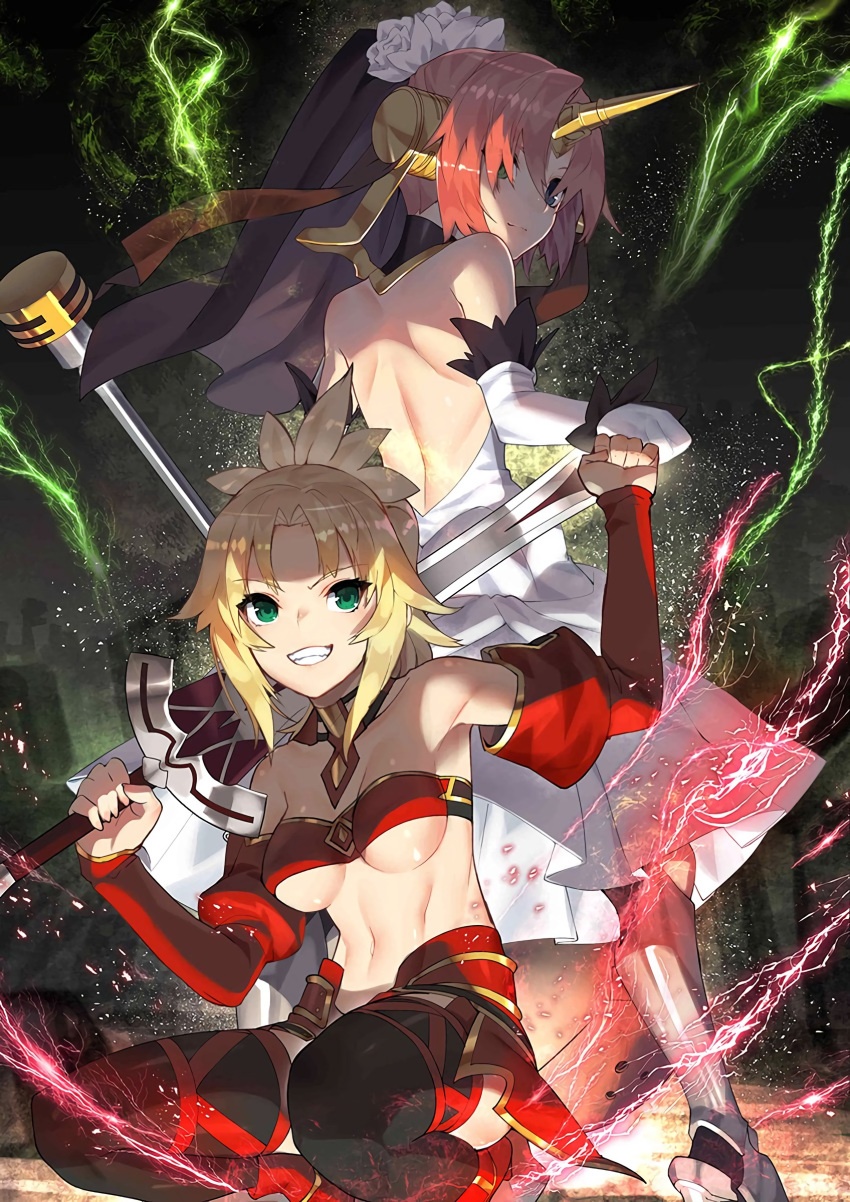 2girls back back-to-back bare_shoulders blonde_hair breasts bridal_veil clarent commentary_request eyebrows_visible_through_hair fate/apocrypha fate/grand_order fate_(series) fist_bump frankenstein's_monster_(fate) green_eyes hair_between_eyes highres holding holding_sword holding_weapon horn mordred_(fate) mordred_(fate)_(all) multiple_girls pink_hair ponytail short_hair smile sukocchi sword underboob veil weapon