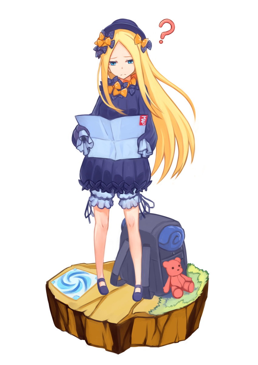 ? abigail_williams_(fate/grand_order) backpack bag bangs black_bow black_dress black_footwear black_hat blonde_hair bloomers blue_eyes bow bug butterfly closed_mouth commentary_request dress fate/grand_order fate_(series) forehead hair_bow hat hibun_tsukasa highres holding holding_map insect long_hair long_sleeves map orange_bow parted_bangs polka_dot polka_dot_bow shoes simple_background sleeves_past_fingers sleeves_past_wrists solo standing stuffed_animal stuffed_toy teddy_bear underwear very_long_hair white_background white_bloomers