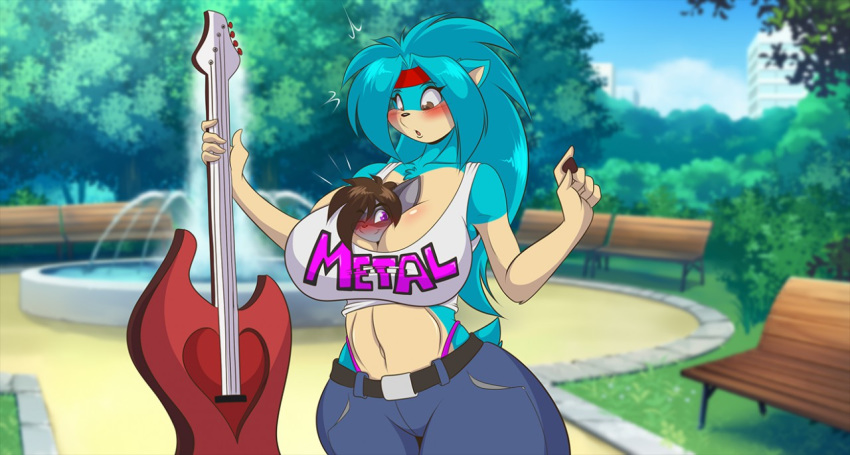 2018 5_fingers anthro between_breasts big_breasts blue_fur blush breasts brown_eyes brown_hair cleavage clothed clothing day detailed_background eevee female fur grey_fur guitar hair hedgehog larger_female looking_down male mammal mastergodai midriff musical_instrument navel nintendo one_eye_closed outside pants park pok&eacute;mon pok&eacute;mon_(species) purple_hair shaze shirt size_difference smaller_male smile t-shirt thick_thighs video_games voluptuous wide_hips
