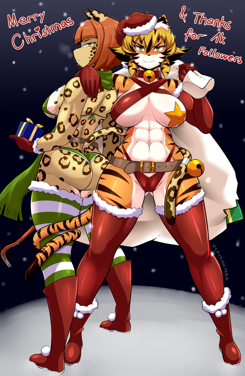 2015 abs anthro armwear bag bangs beige_body bell bell_collar big_breasts big_butt bikini blonde_hair boots breasts butt butt_from_front butt_pose camel_toe cheetah choker christmas clothed clothing collar countershading duo elbow_gloves english_text feline female footwear front_view fur gift gloves green_eyes hair hat hi_res holidays legwear leopard looking_at_viewer looking_back mammal multicolored_hair muscular muscular_female navel night nipple_bulge one_breast_out orange_body orange_fur outside pasties raised_tail rear_view red_hair saffron_(safurantora) safurantora santa_hat scarf short_hair side_boob skimpy skinny_tail small_feet smile snow snowing socks spots spotted_fur standing star stockings straight_hair striped_fur striped_legwear striped_socks stripes sumac_(safurantora) swimsuit tail_around_leg tail_around_waist tail_bell tail_coil tan_fur text thick_thighs thigh_highs tiger tsurime white_belly wide_hips