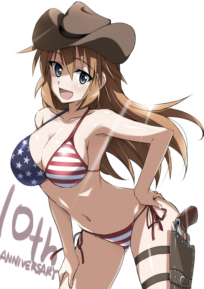 :d absurdres american_flag_bikini anniversary arched_back ass_visible_through_thighs bikini blue_eyes breasts charlotte_e_yeager cleavage commentary_request cowboy_hat cowboy_shot english eyebrows_visible_through_hair flag_print gun hair_between_eyes halterneck hand_on_hip hand_on_own_thigh handgun hat highres holster large_breasts leaning_forward long_hair looking_at_viewer open_mouth orange_hair side-tie_bikini sidelocks simple_background smile solo strike_witches string_bikini swimsuit text_focus thigh_holster tokiani weapon white_background world_witches_series