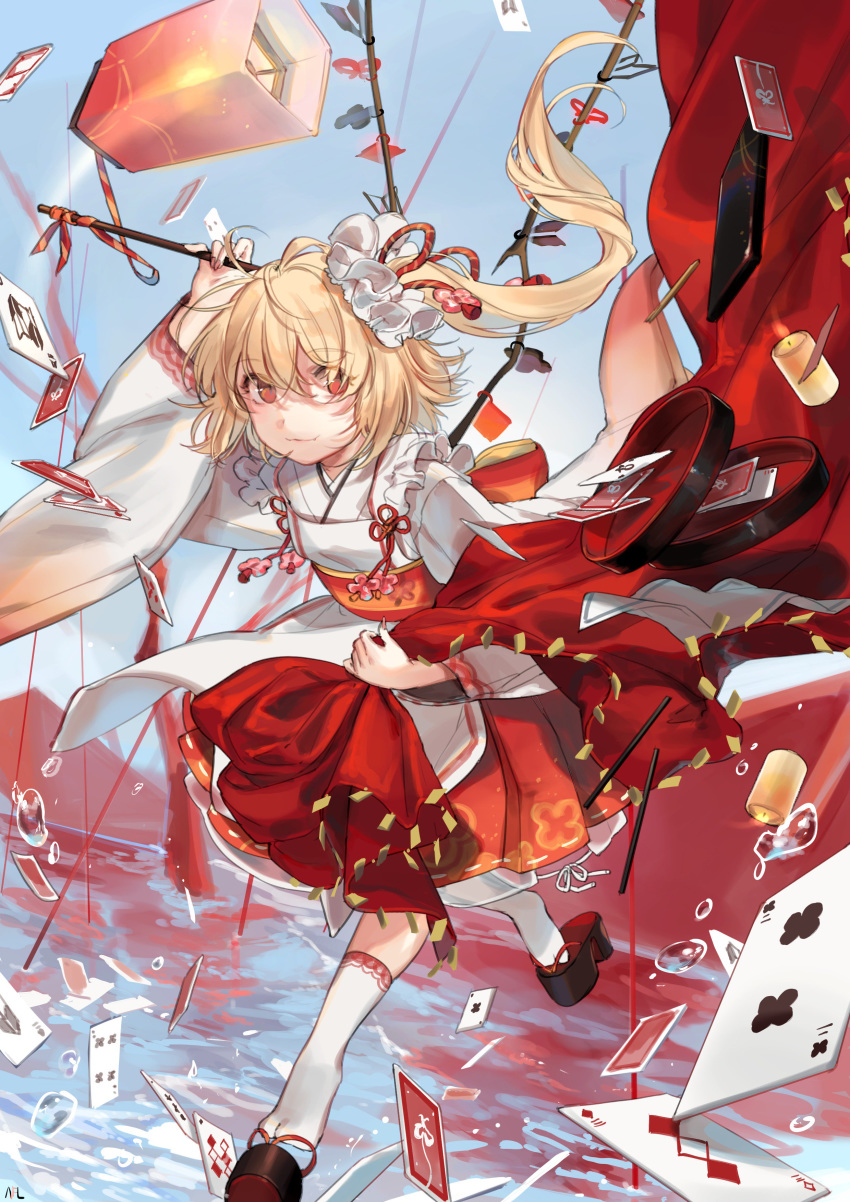 absurdres alternate_costume apron black_footwear blonde_hair candle card commentary_request eyebrows_visible_through_hair flandre_scarlet frilled_apron frills full_body geta hair_ornament hair_ribbon hair_scrunchie hand_up highres holding japanese_clothes kimono lantern long_sleeves looking_at_viewer nail_polish no_hat no_headwear obi pink_nails red_eyes red_ribbon red_skirt ribbon sash scrunchie shan short_hair side_ponytail skirt solo touhou water white_apron white_kimono white_legwear white_scrunchie wide_sleeves